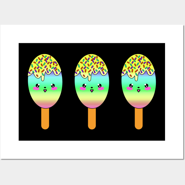 Cute funny happy little baby Kawaii chibi popsicle ice cream dessert cartoon. Colorful sweet yummy smiling adorable row of gelato popsicles on sticks. Wall Art by IvyArtistic